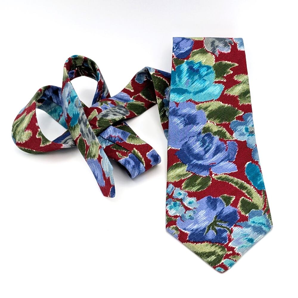 Vintage 90s Artsy American Eagle Tie Cotton Floral Eclectic Bold Watercolor